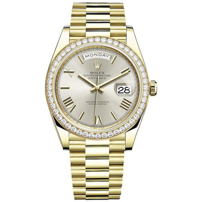 Rolex Day-Date 40 Presidential 228348 Diamond Bezel Silver Dial-First Class Timepieces