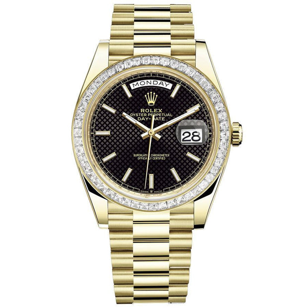 Rolex Day-Date 40 Presidential 228398 Baguette Diamond Bezel Black Dial-First Class Timepieces