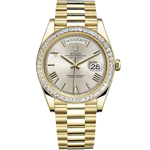 Rolex Day-Date 40 Presidential 228398 Baguette Diamond Bezel Silver Dial-First Class Timepieces