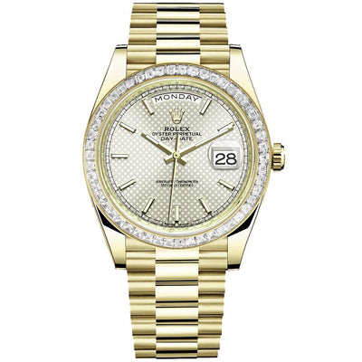 Rolex Day-Date 40 Presidential 228398 Baguette Diamond Bezel Silver Dial-First Class Timepieces