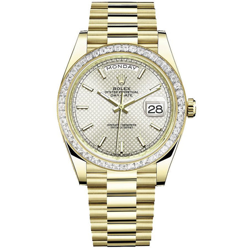 Rolex Day-Date 40 Presidential 228398 Baguette Diamond Bezel Silver Dial-First Class Timepieces